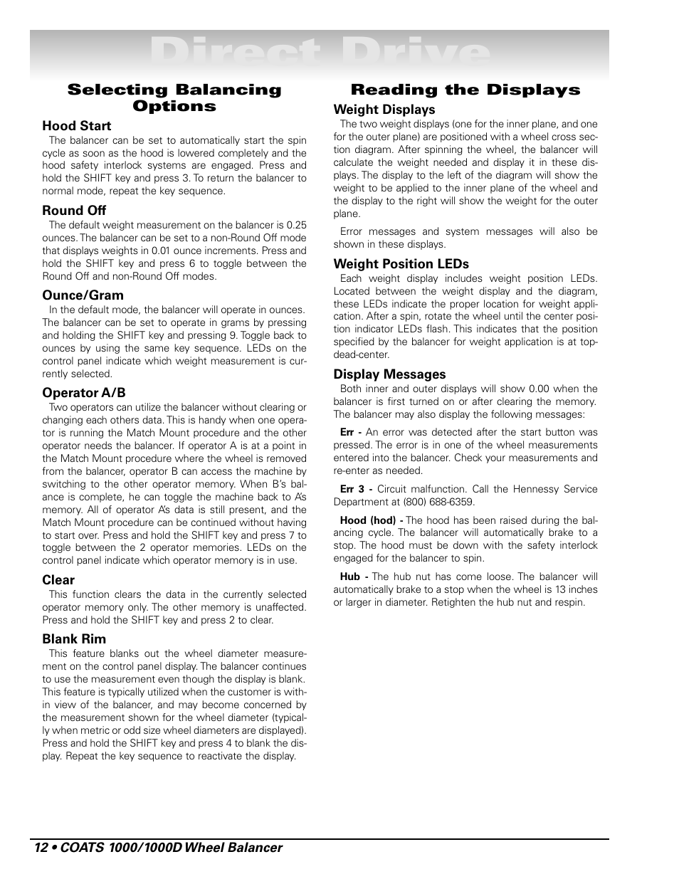 Direct drive, Selecting balancing options, Reading the displays | COATS 1000 / 1000D Balancer User Manual | Page 18 / 24