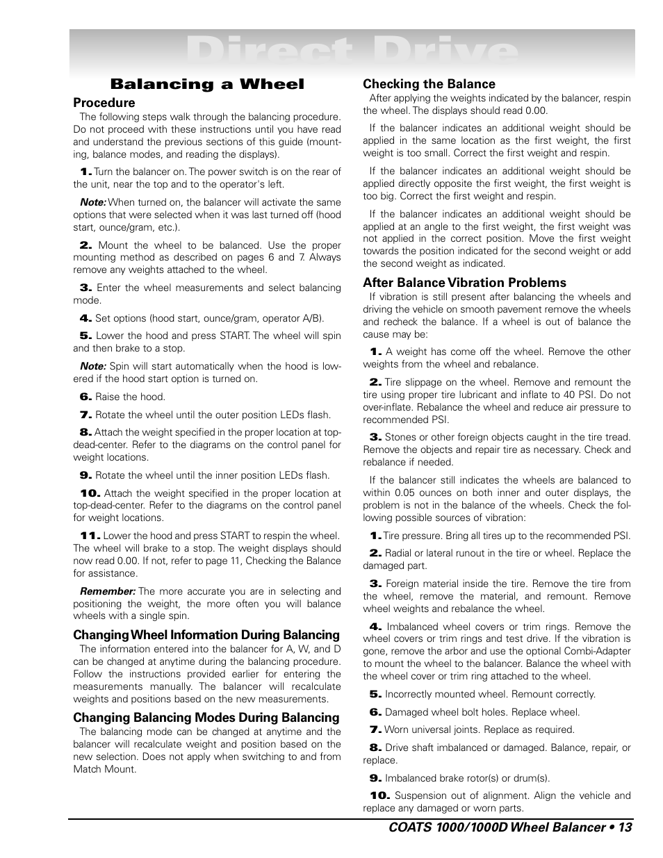 Direct drive, Balancing a wheel | COATS 1000 / 1000D Balancer User Manual | Page 19 / 24