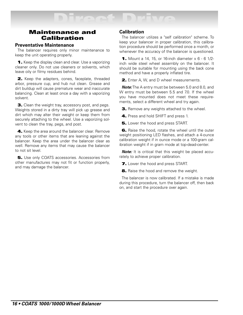 Direct drive, Maintenance and calibration | COATS 1000 / 1000D Balancer User Manual | Page 22 / 24