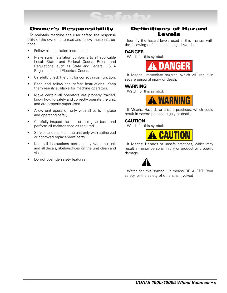 Safety, Caution warning danger | COATS 1000 / 1000D Balancer User Manual | Page 5 / 24