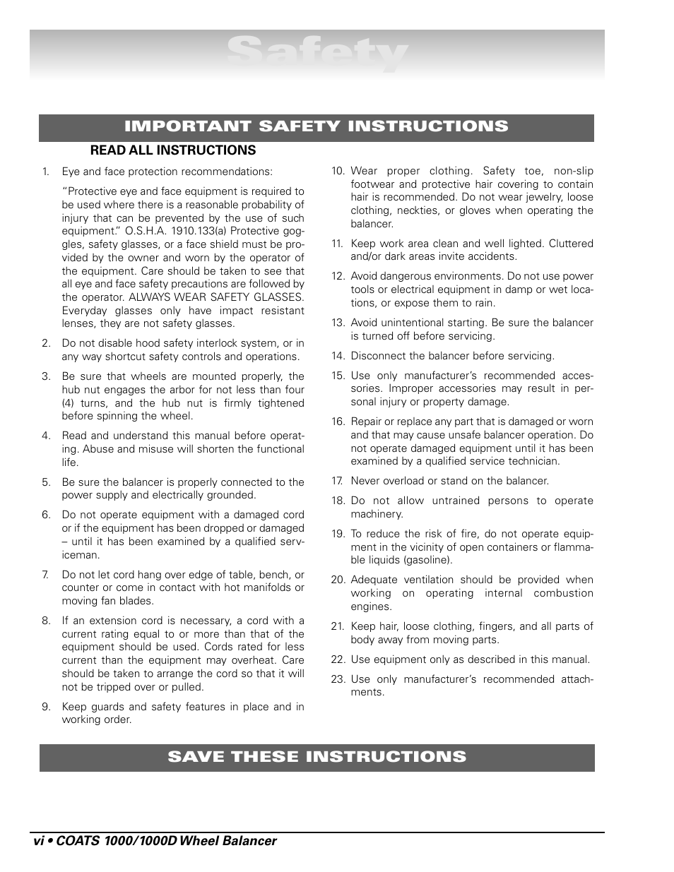 Safety | COATS 1000 / 1000D Balancer User Manual | Page 6 / 24