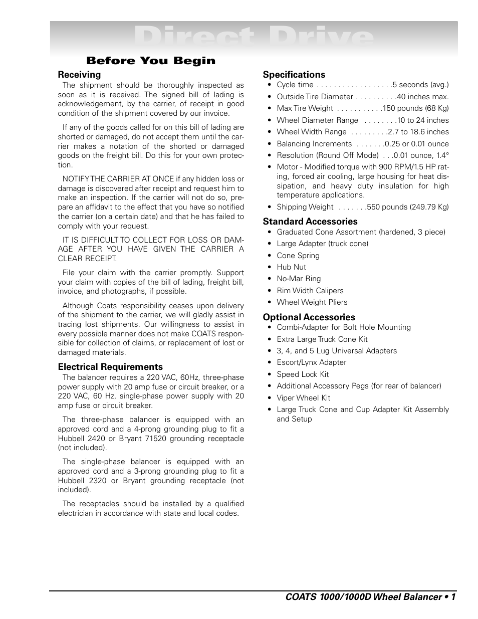 Direct drive, Before you begin | COATS 1000 / 1000D Balancer User Manual | Page 7 / 24