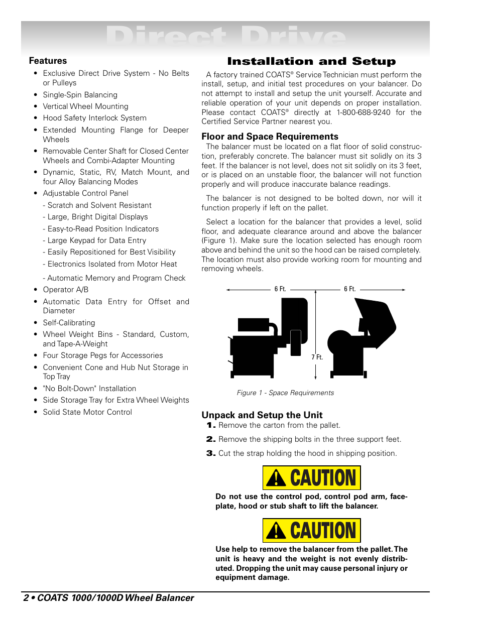 Direct drive, Caution, Installation and setup | COATS 1000 / 1000D Balancer User Manual | Page 8 / 24