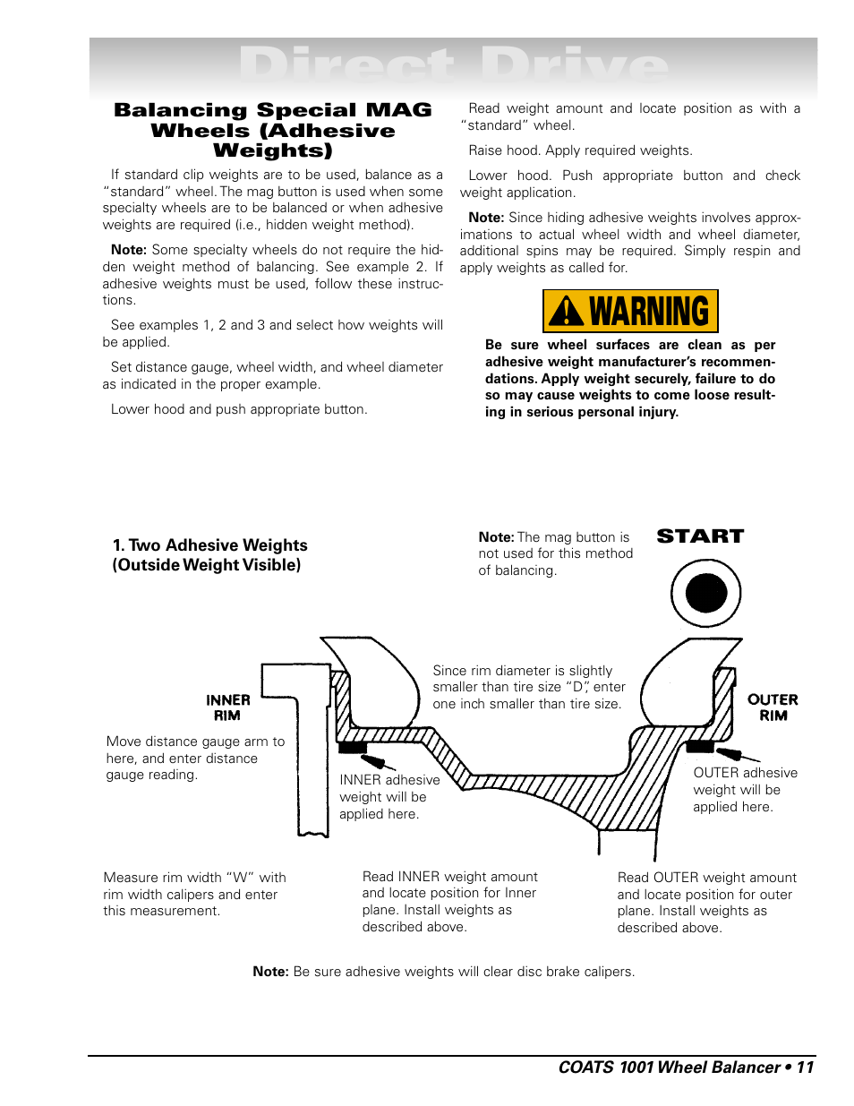 Direct drive, Warning | COATS 1001 & 1001SC Balancer User Manual | Page 17 / 24