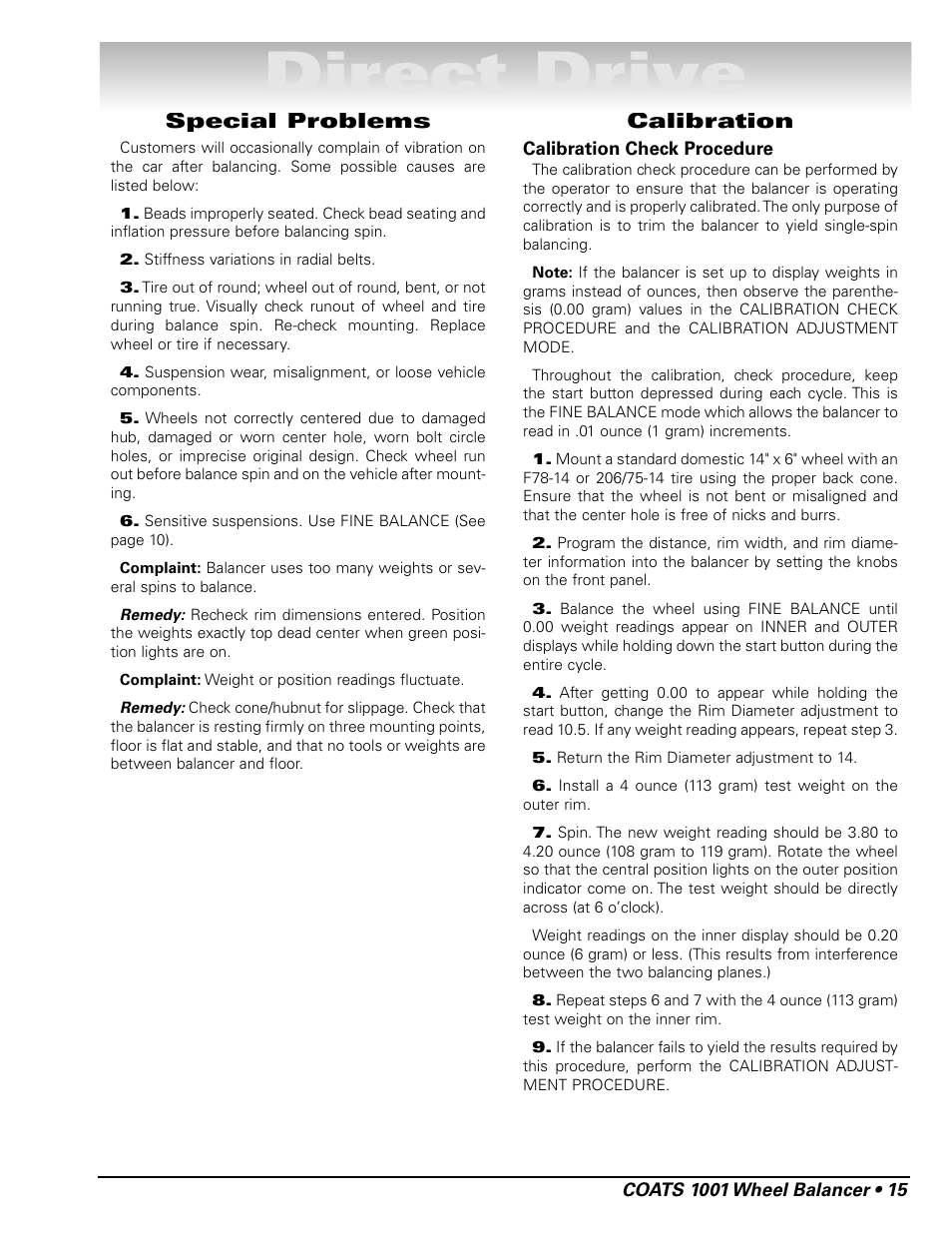 Direct drive, Special problems, Calibration | COATS 1001 & 1001SC Balancer User Manual | Page 21 / 24