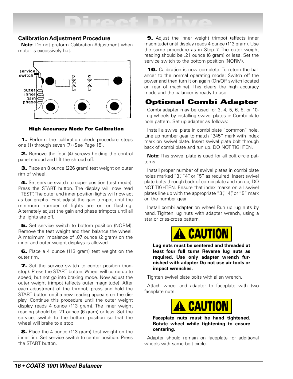 Direct drive, Caution, Optional combi adaptor | COATS 1001 & 1001SC Balancer User Manual | Page 22 / 24