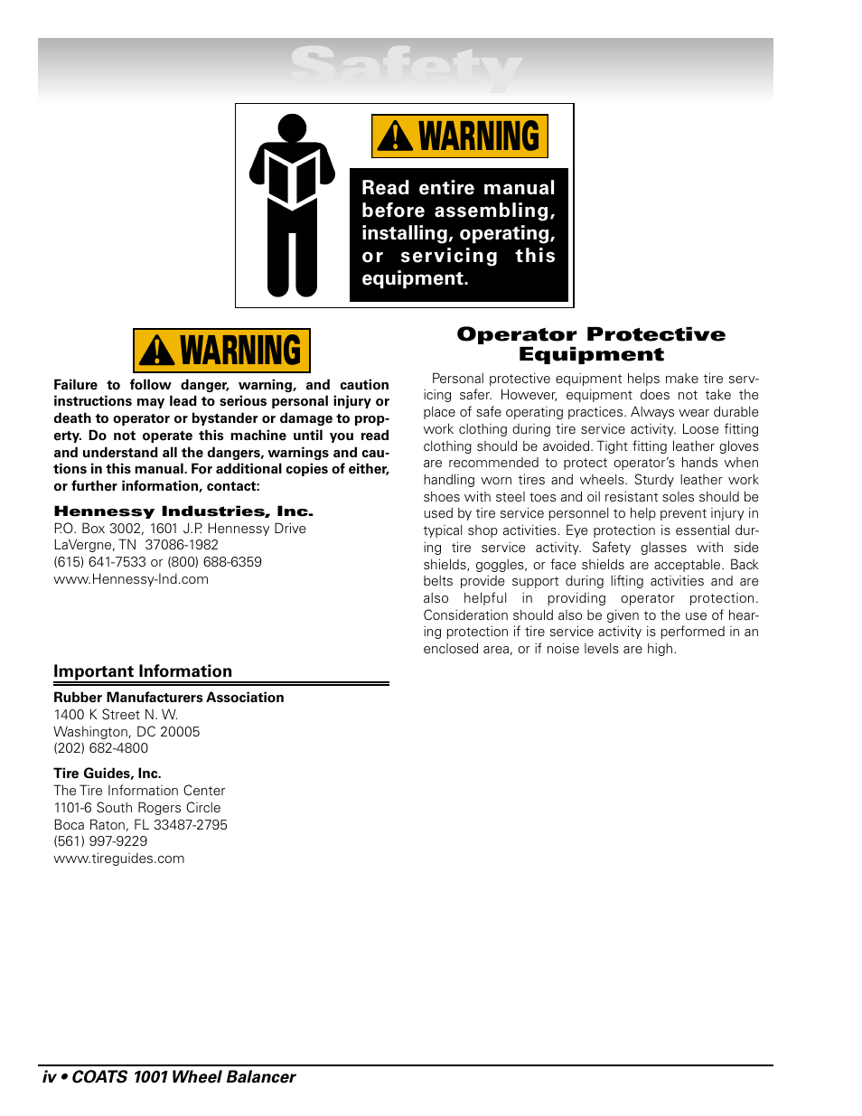 Safety, Warning | COATS 1001 & 1001SC Balancer User Manual | Page 4 / 24