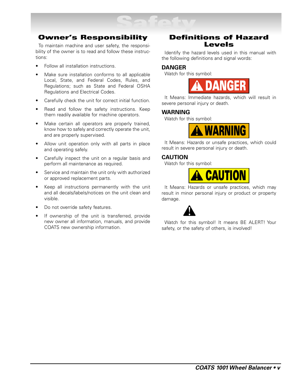 Safety, Caution warning danger | COATS 1001 & 1001SC Balancer User Manual | Page 5 / 24