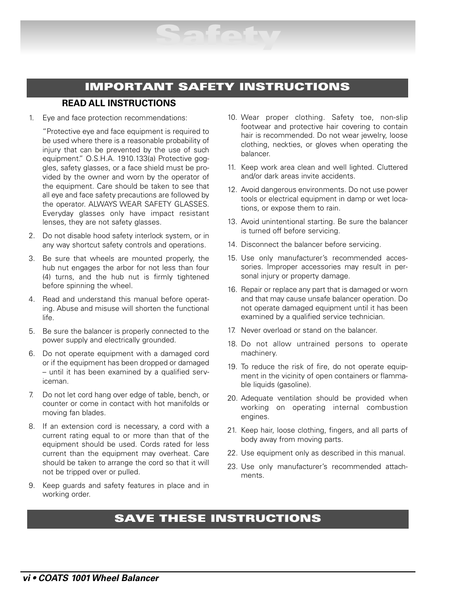 Safety | COATS 1001 & 1001SC Balancer User Manual | Page 6 / 24