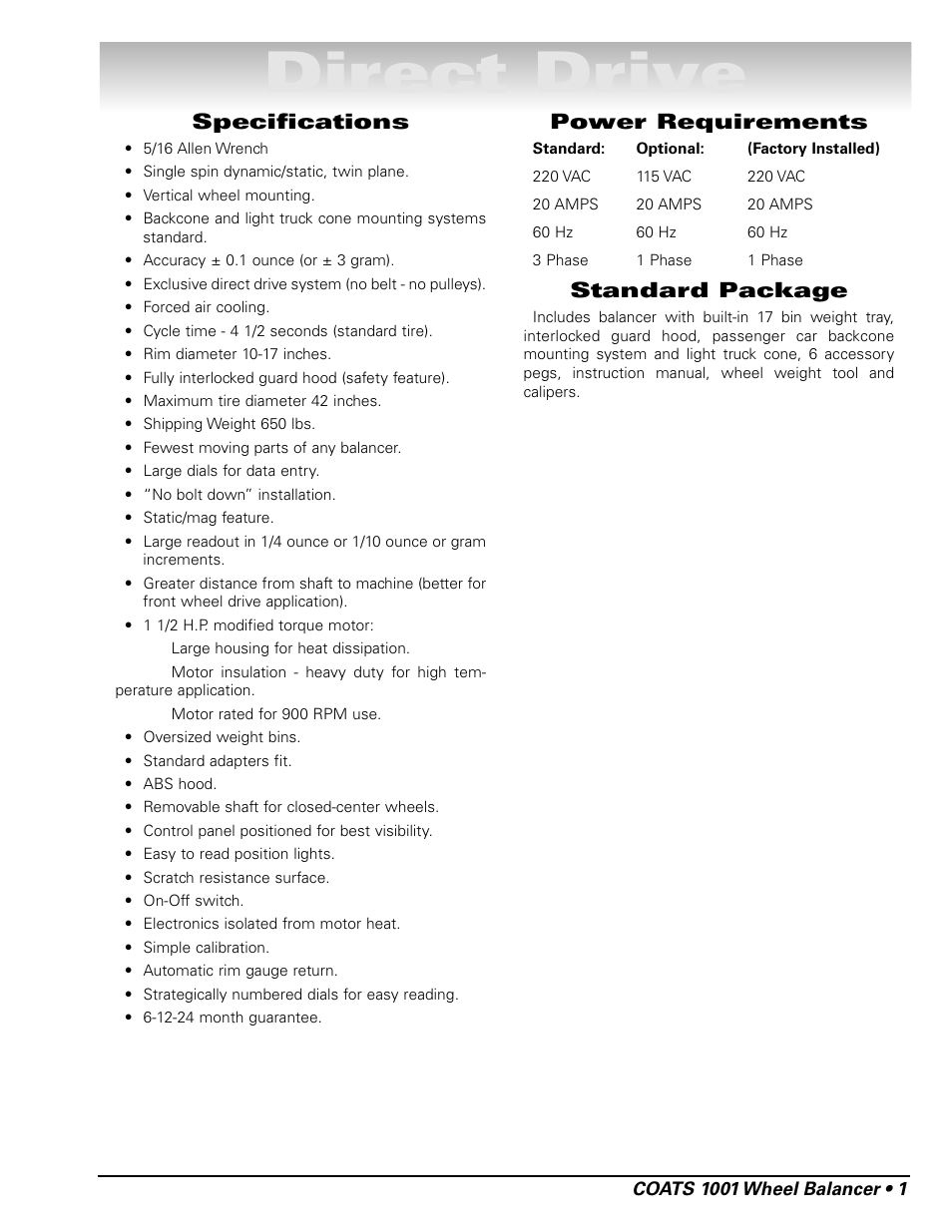 Direct drive, Specifications, Power requirements | Standard package | COATS 1001 & 1001SC Balancer User Manual | Page 7 / 24