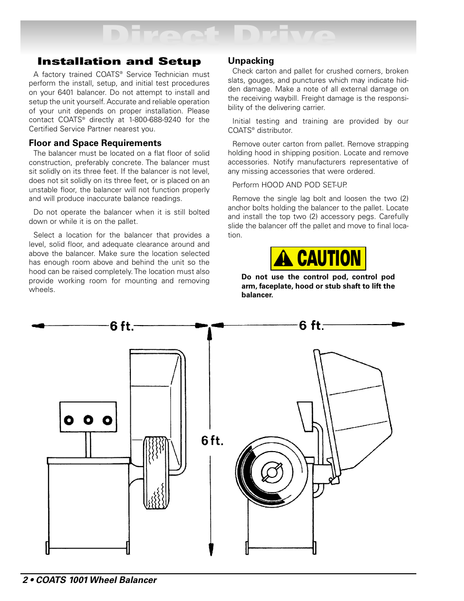 Direct drive, Caution, Installation and setup | COATS 1001 & 1001SC Balancer User Manual | Page 8 / 24