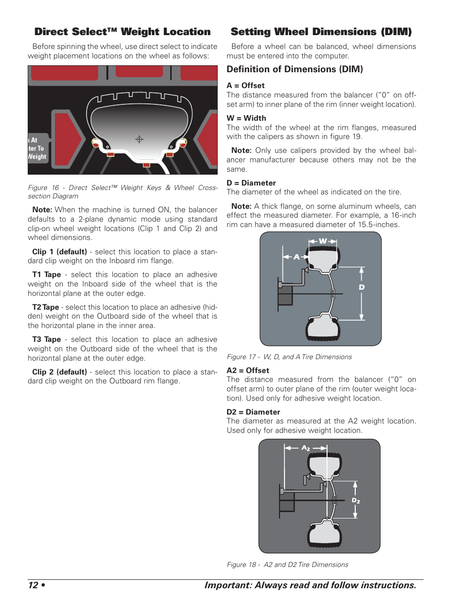 Direct select™ weight location, Setting wheel dimensions (dim) | COATS 1100 Series Balancer User Manual | Page 16 / 28