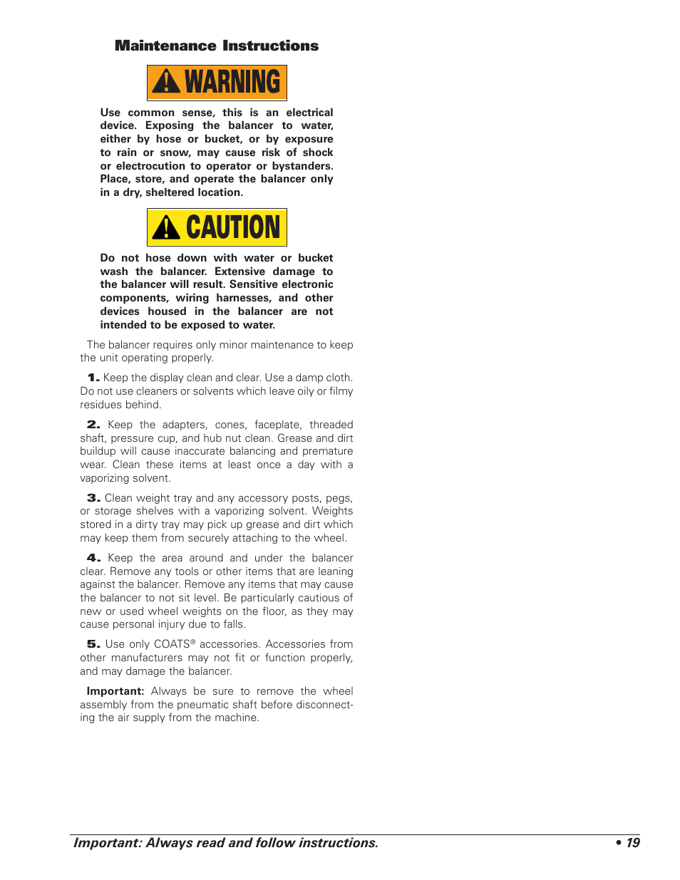 Caution, Maintenance instructions | COATS 1100 Series Balancer User Manual | Page 23 / 28