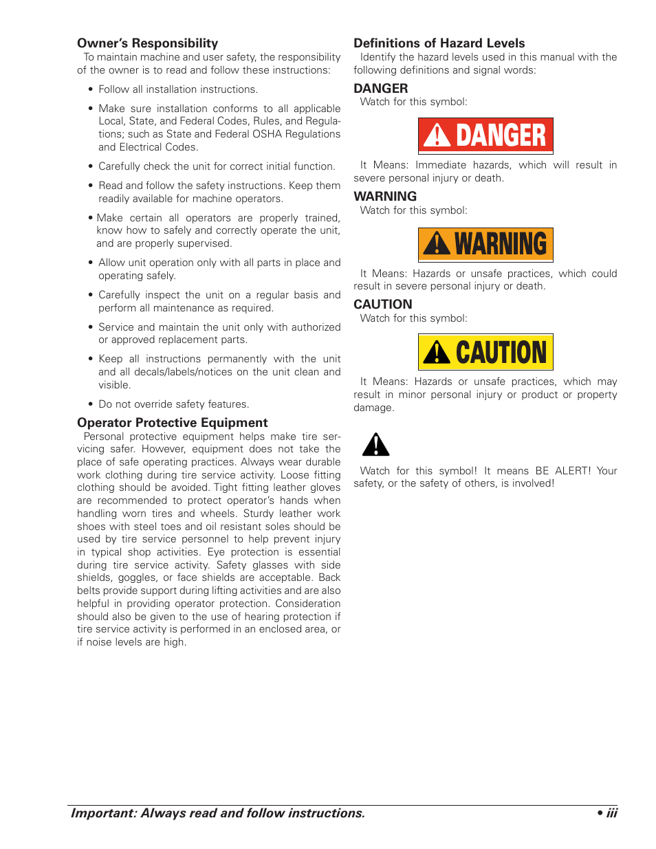 Danger, Caution | COATS 1100 Series Balancer User Manual | Page 3 / 28