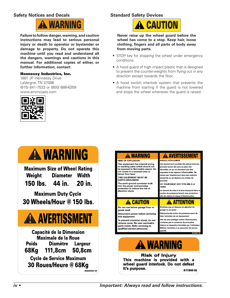 Caution, Caution warning attention avertissement | COATS 1100 Series Balancer User Manual | Page 4 / 28