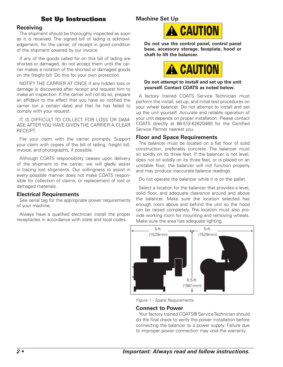 Caution, Set up instructions | COATS 1100 Series Balancer User Manual | Page 6 / 28