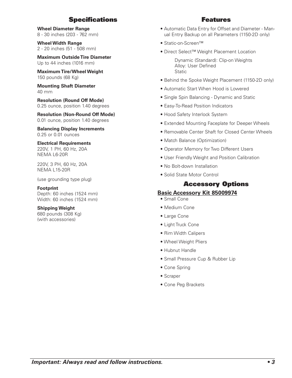 Specifi cations, Features, Accessory options | COATS 1100 Series Balancer User Manual | Page 7 / 28