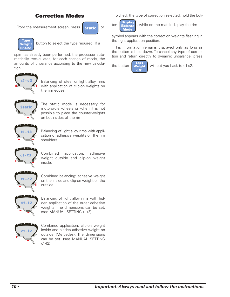 Correction modes | COATS 1175 Series Balancer User Manual | Page 16 / 24