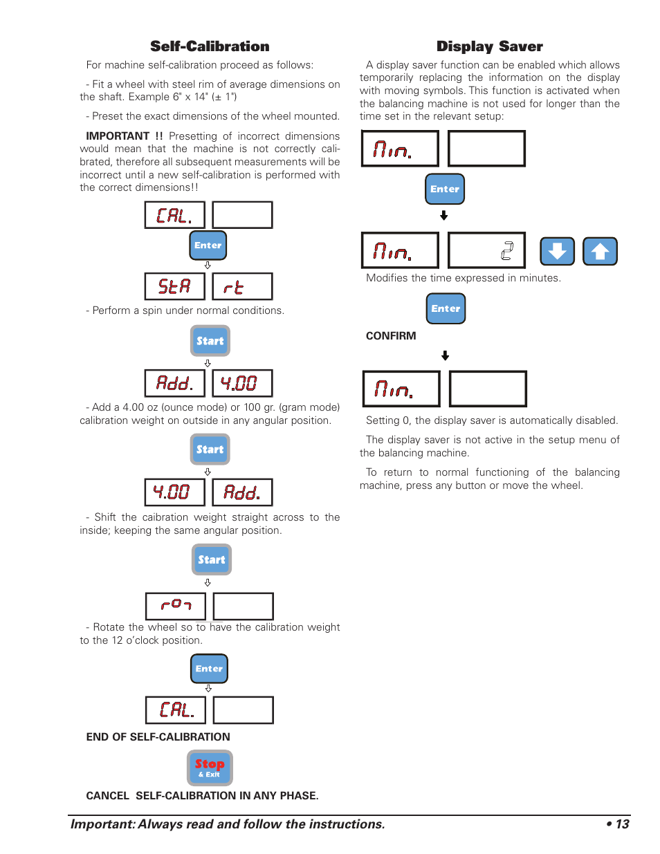 Self-calibration, Display saver | COATS 1175 Series Balancer User Manual | Page 19 / 24