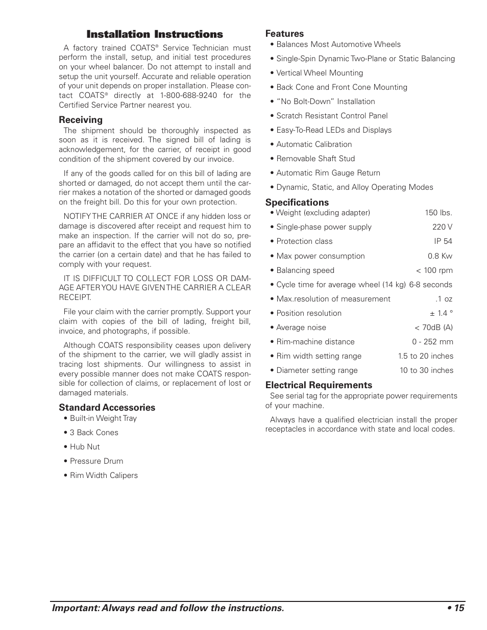 Installation instructions | COATS 1175 Series Balancer User Manual | Page 21 / 24