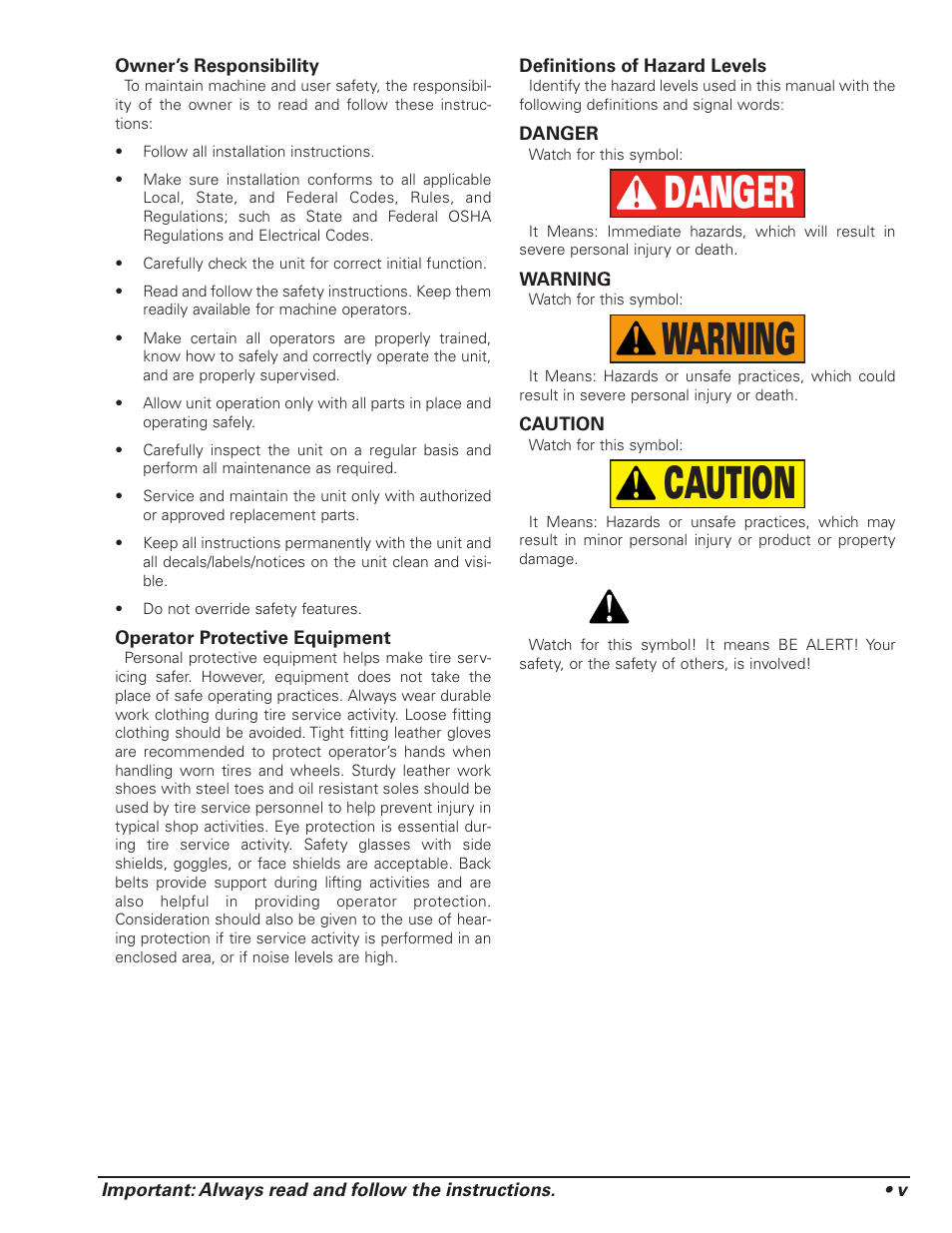 Caution warning danger | COATS 1175 Series Balancer User Manual | Page 5 / 24
