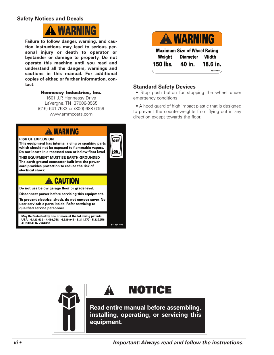 Warning, Notice | COATS 1175 Series Balancer User Manual | Page 6 / 24