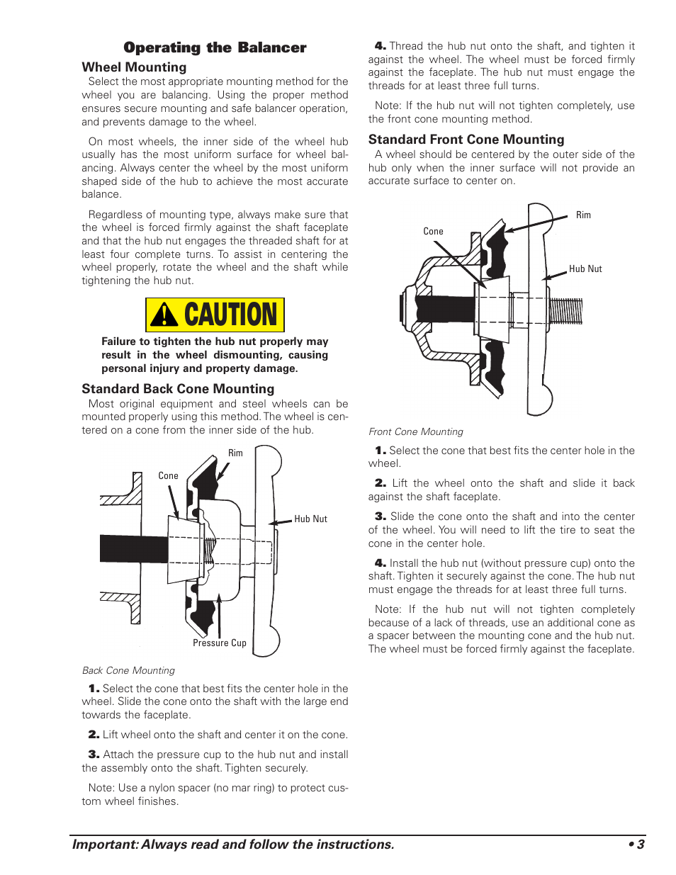 Caution, Operating the balancer | COATS 1175 Series Balancer User Manual | Page 9 / 24