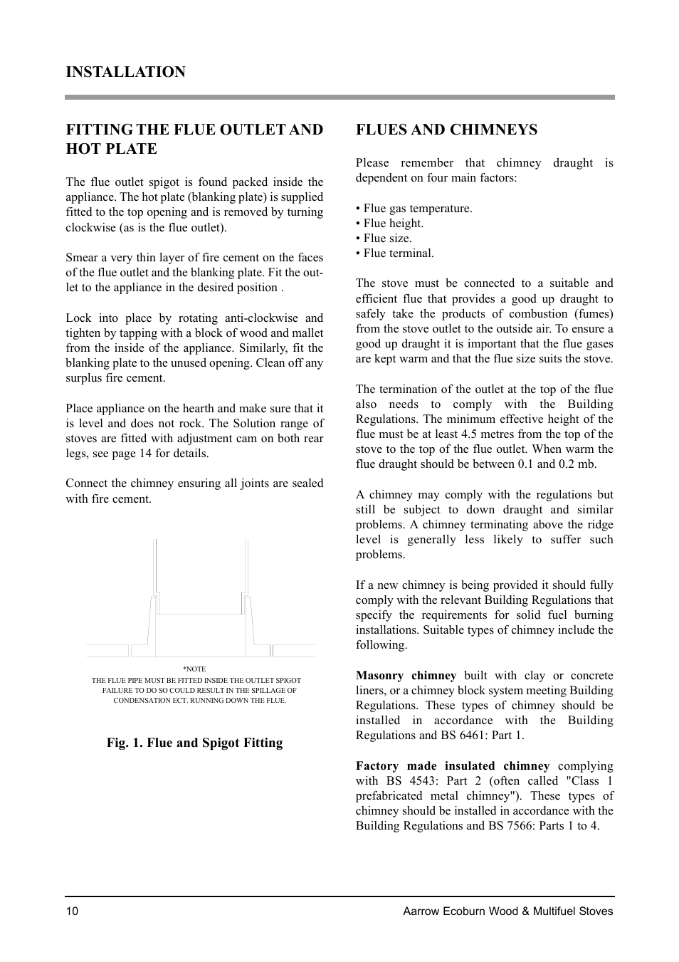 Installation fitting the flue outlet and hot plate, Flues and chimneys | Aarrow Fires EcoBurn BK043 User Manual | Page 10 / 36