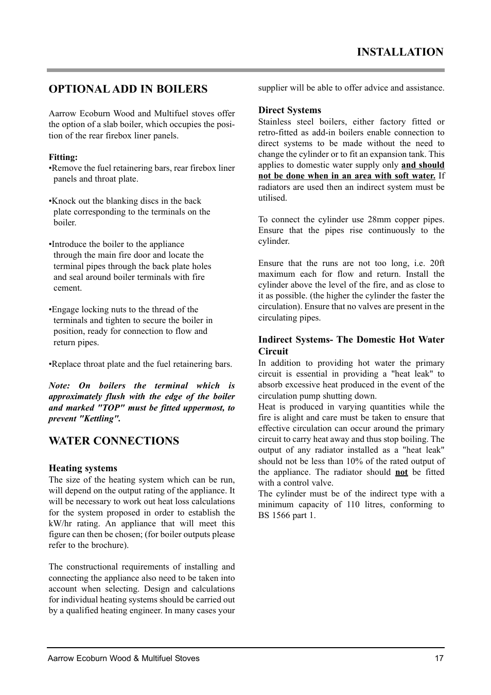 Installation optional add in boilers, Water connections | Aarrow Fires EcoBurn BK043 User Manual | Page 17 / 36