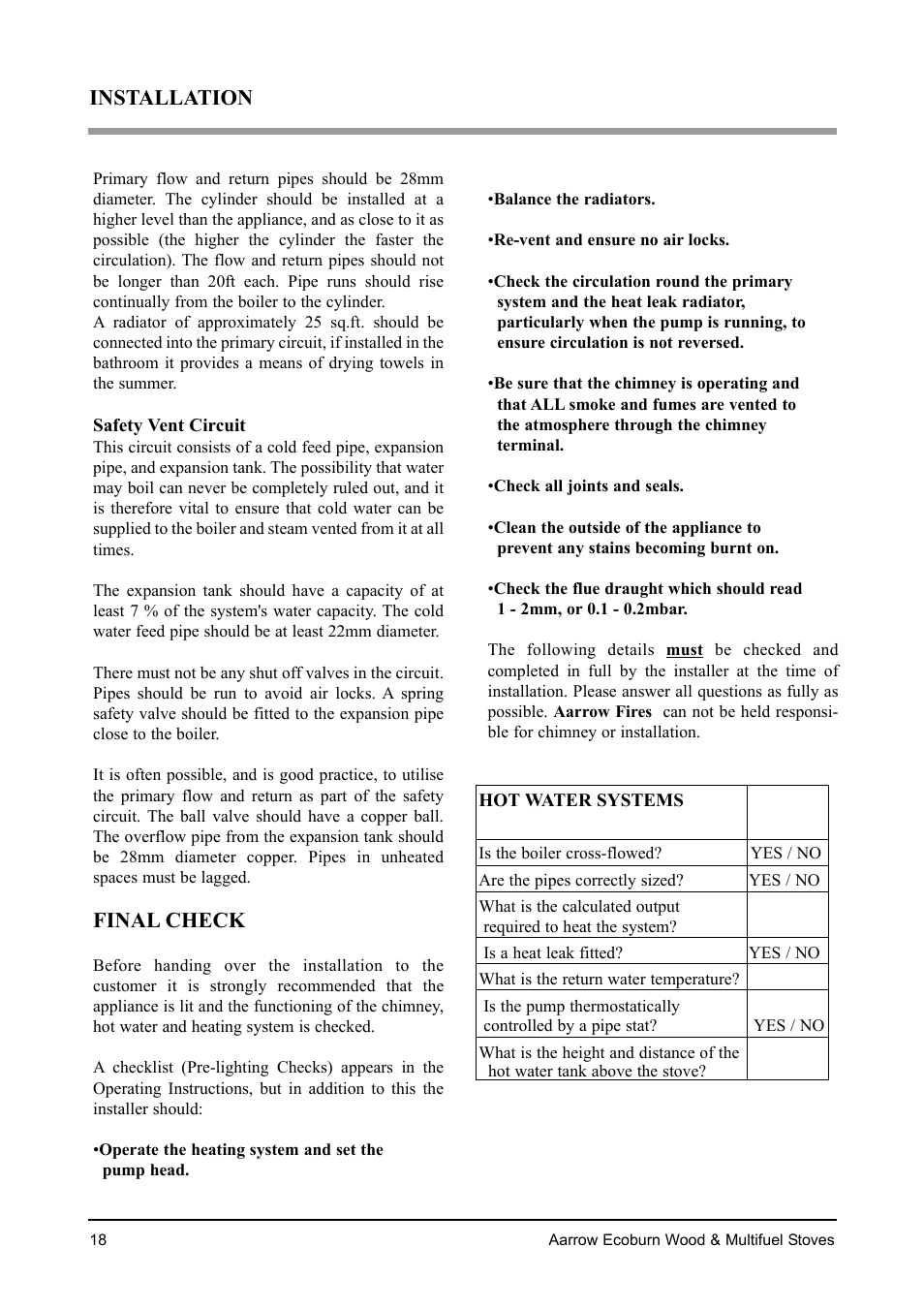 Installation, Final check | Aarrow Fires EcoBurn BK043 User Manual | Page 18 / 36