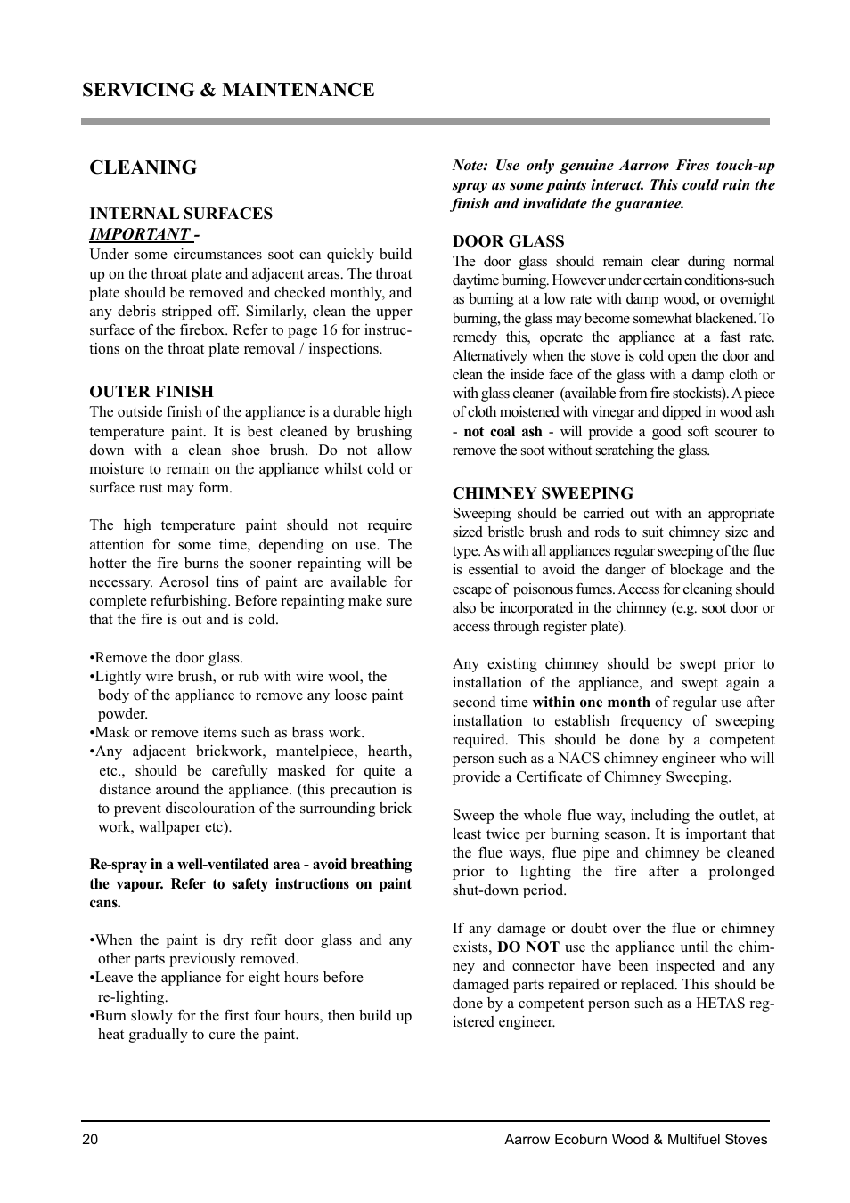 Servicing & maintenance cleaning | Aarrow Fires EcoBurn BK043 User Manual | Page 20 / 36