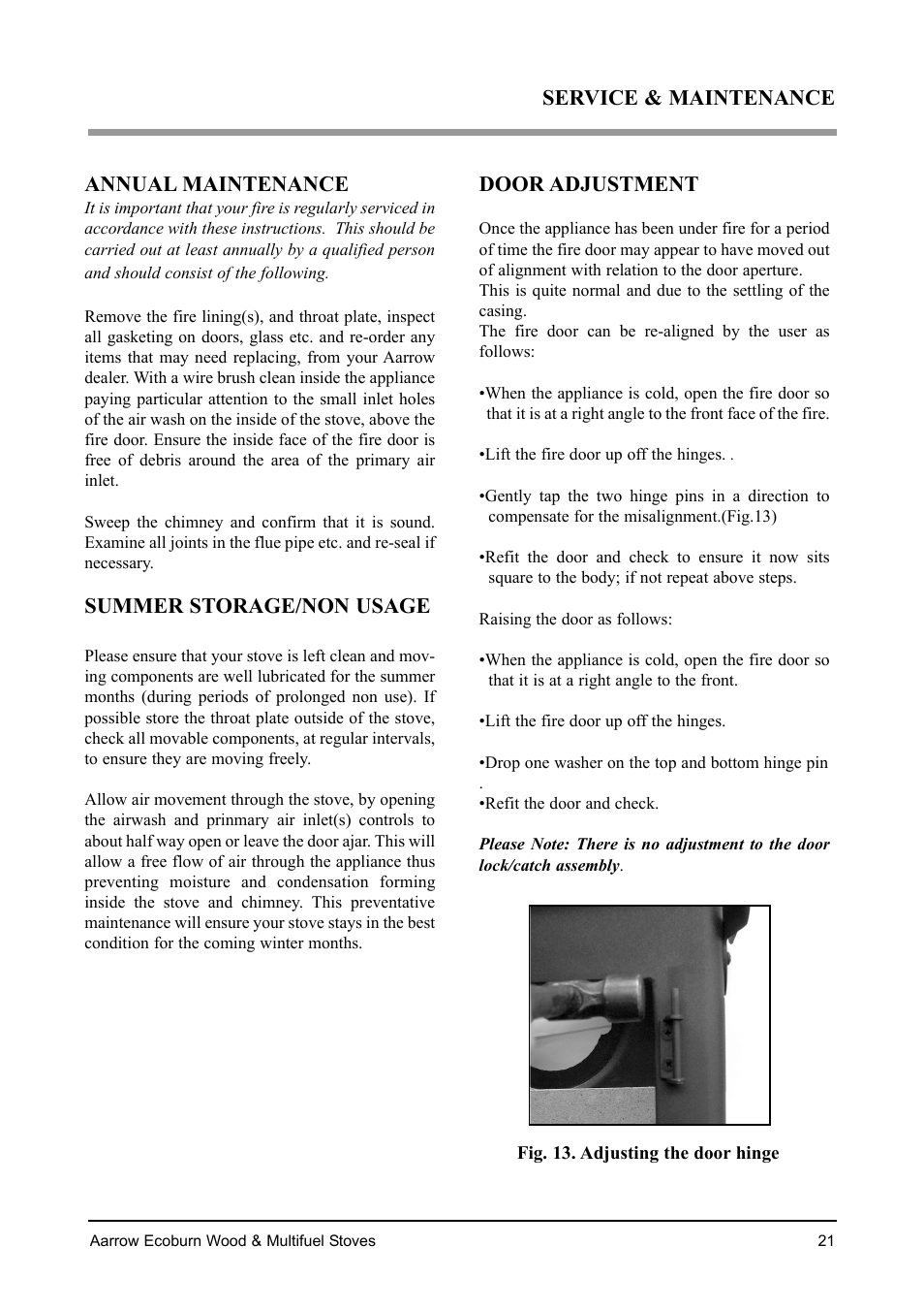 Service & maintenance annual maintenance, Summer storage/non usage, Door adjustment | Aarrow Fires EcoBurn BK043 User Manual | Page 21 / 36