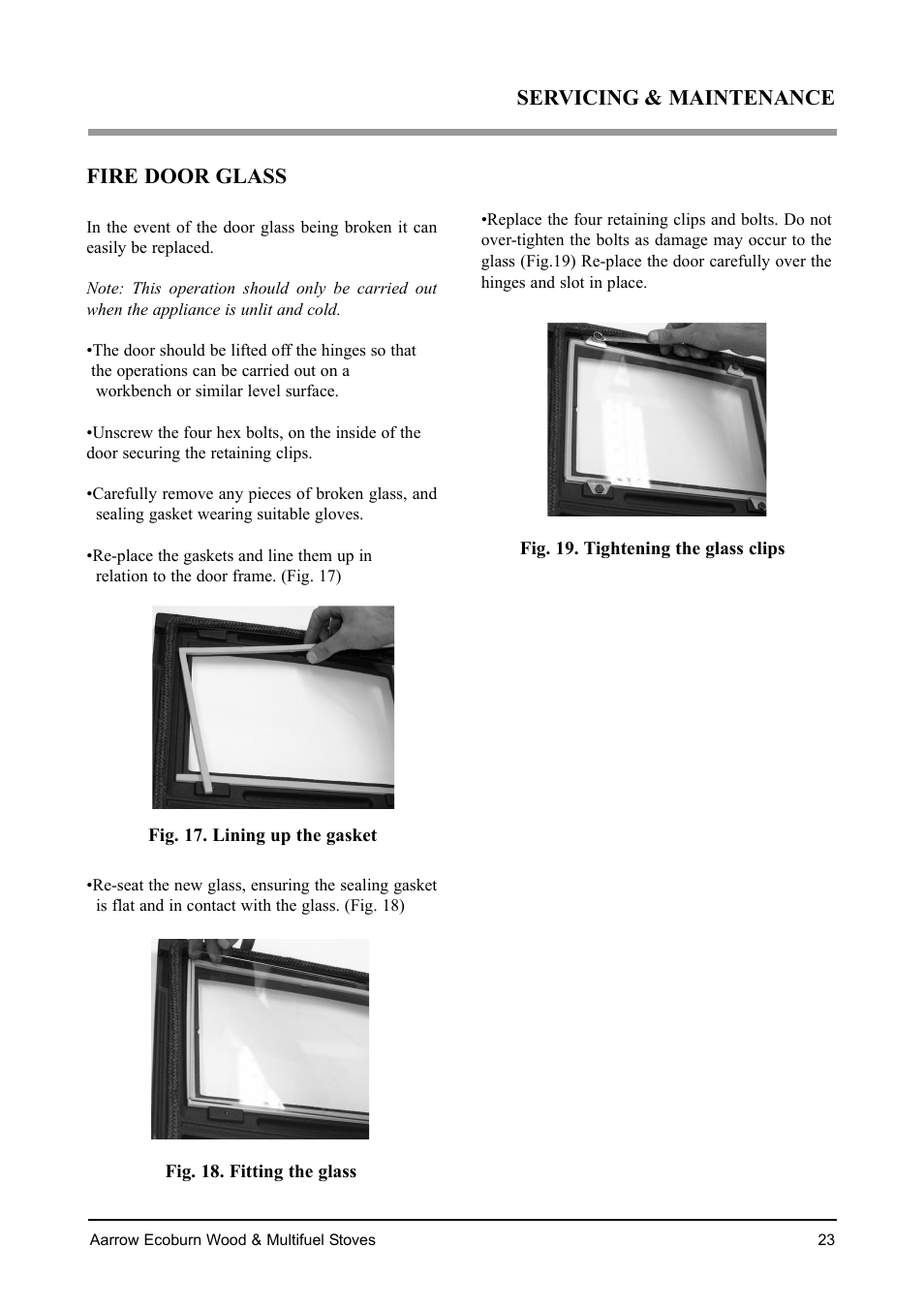 Servicing & maintenance fire door glass | Aarrow Fires EcoBurn BK043 User Manual | Page 23 / 36