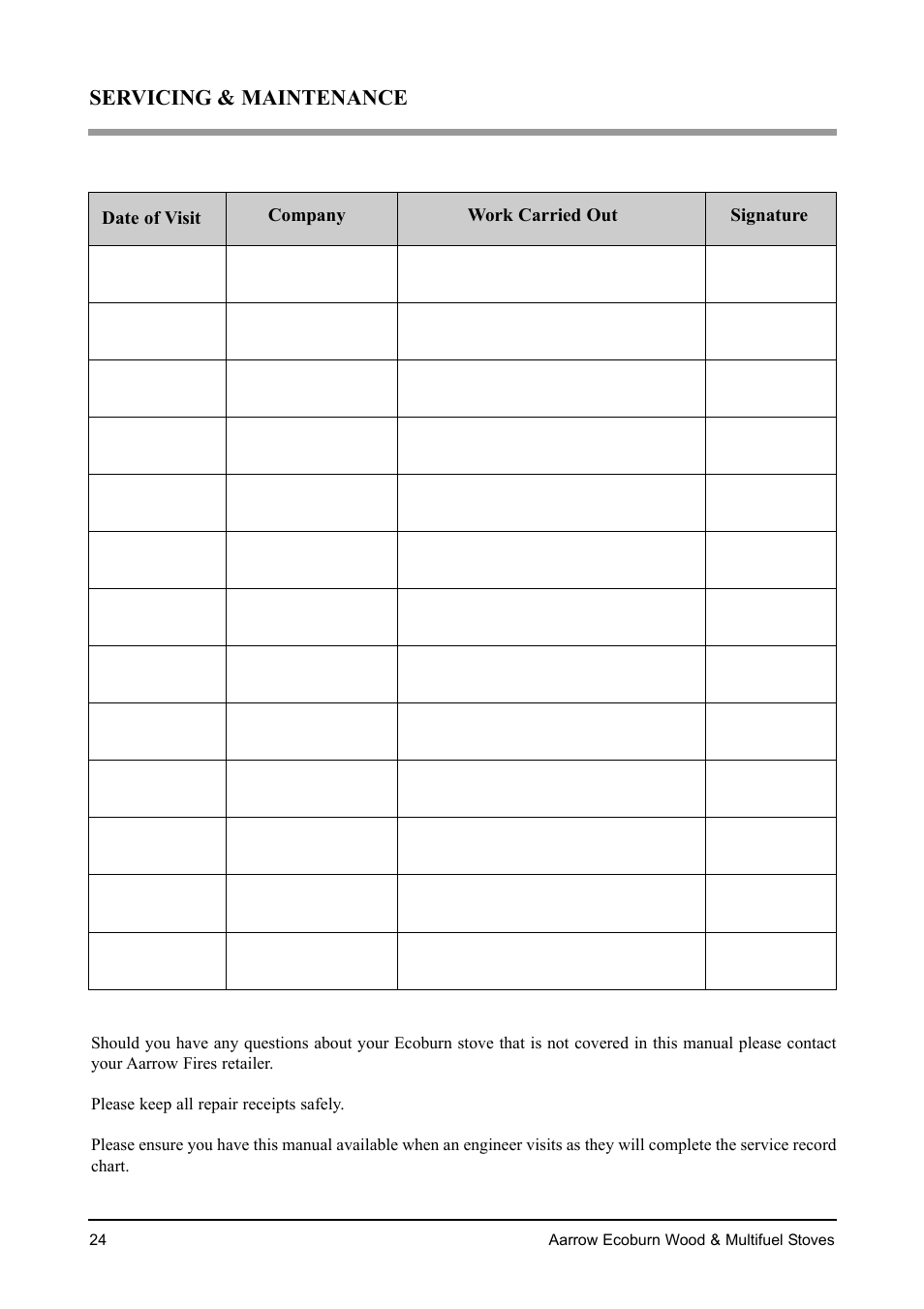 Servicing & maintenance | Aarrow Fires EcoBurn BK043 User Manual | Page 24 / 36