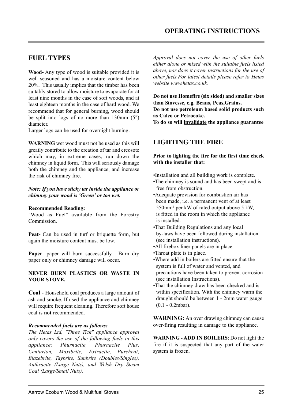 Operating instructions fuel types, Lighting the fire | Aarrow Fires EcoBurn BK043 User Manual | Page 25 / 36