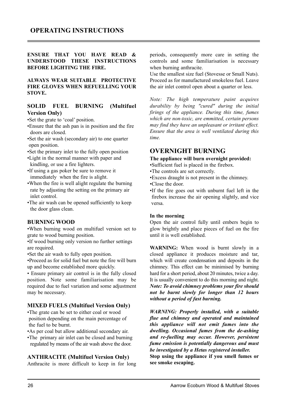 Operating instructions, Overnight burning | Aarrow Fires EcoBurn BK043 User Manual | Page 26 / 36