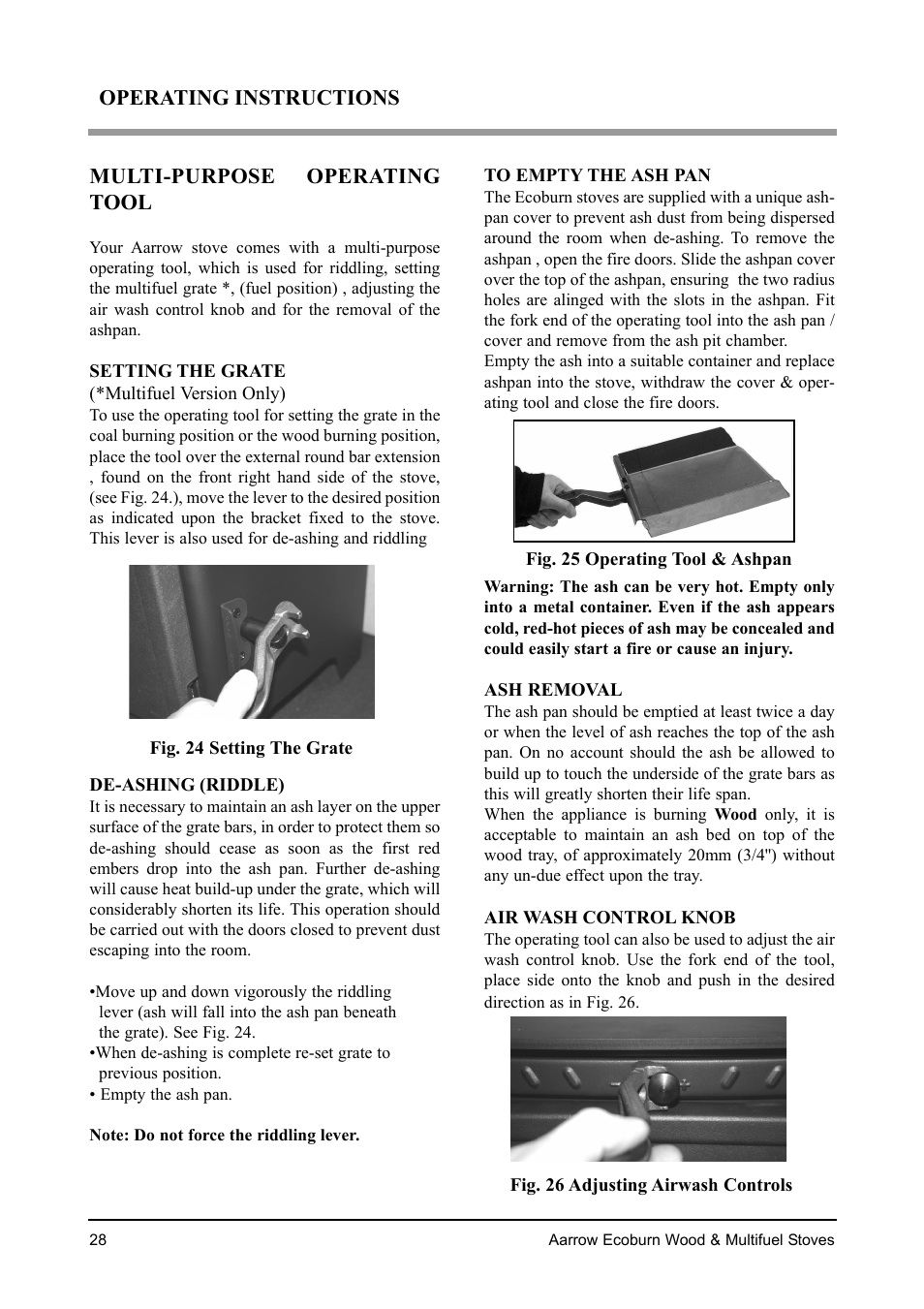 Multi-purpose operating tool, Operating instructions | Aarrow Fires EcoBurn BK043 User Manual | Page 28 / 36