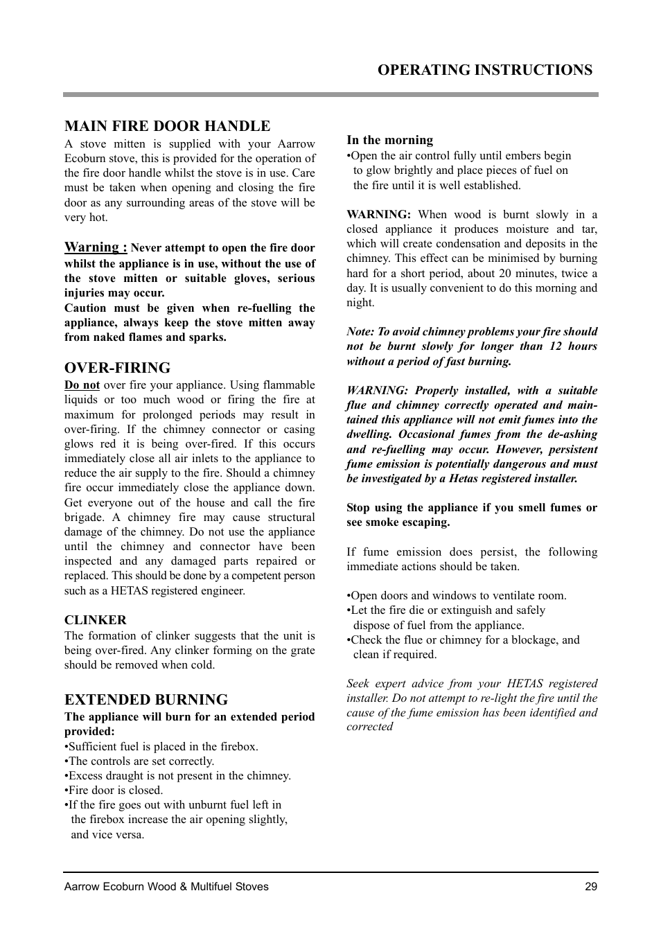 Main fire door handle, Over-firing, Extended burning | Operating instructions | Aarrow Fires EcoBurn BK043 User Manual | Page 29 / 36