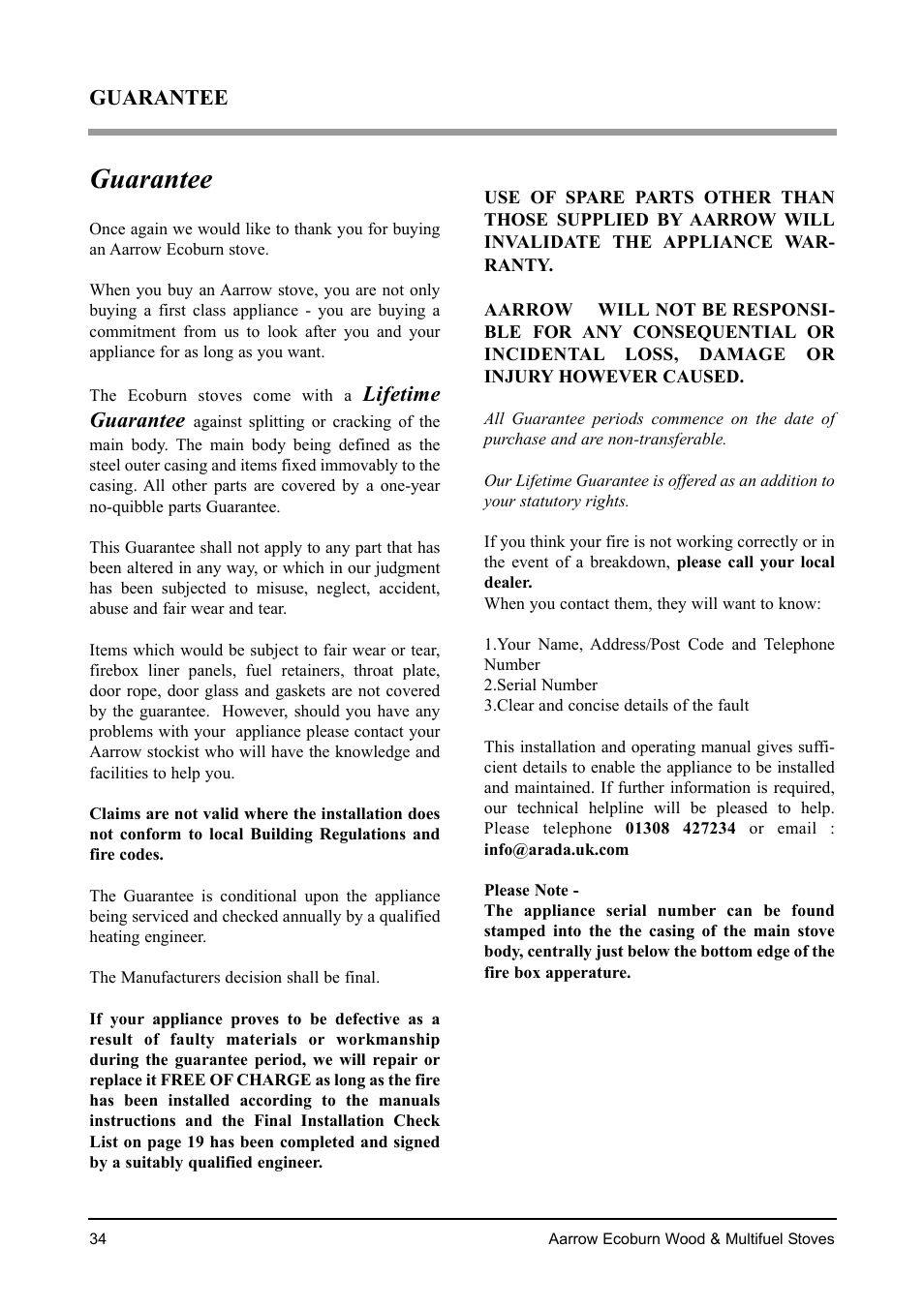 Guarantee, Lifetime guarantee | Aarrow Fires EcoBurn BK043 User Manual | Page 34 / 36