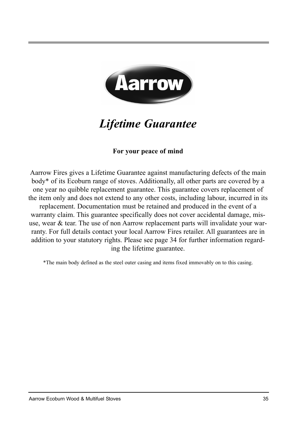 Lifetime guarantee | Aarrow Fires EcoBurn BK043 User Manual | Page 35 / 36