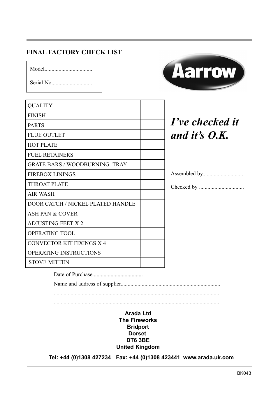 I’ve checked it and it’s o.k | Aarrow Fires EcoBurn BK043 User Manual | Page 36 / 36
