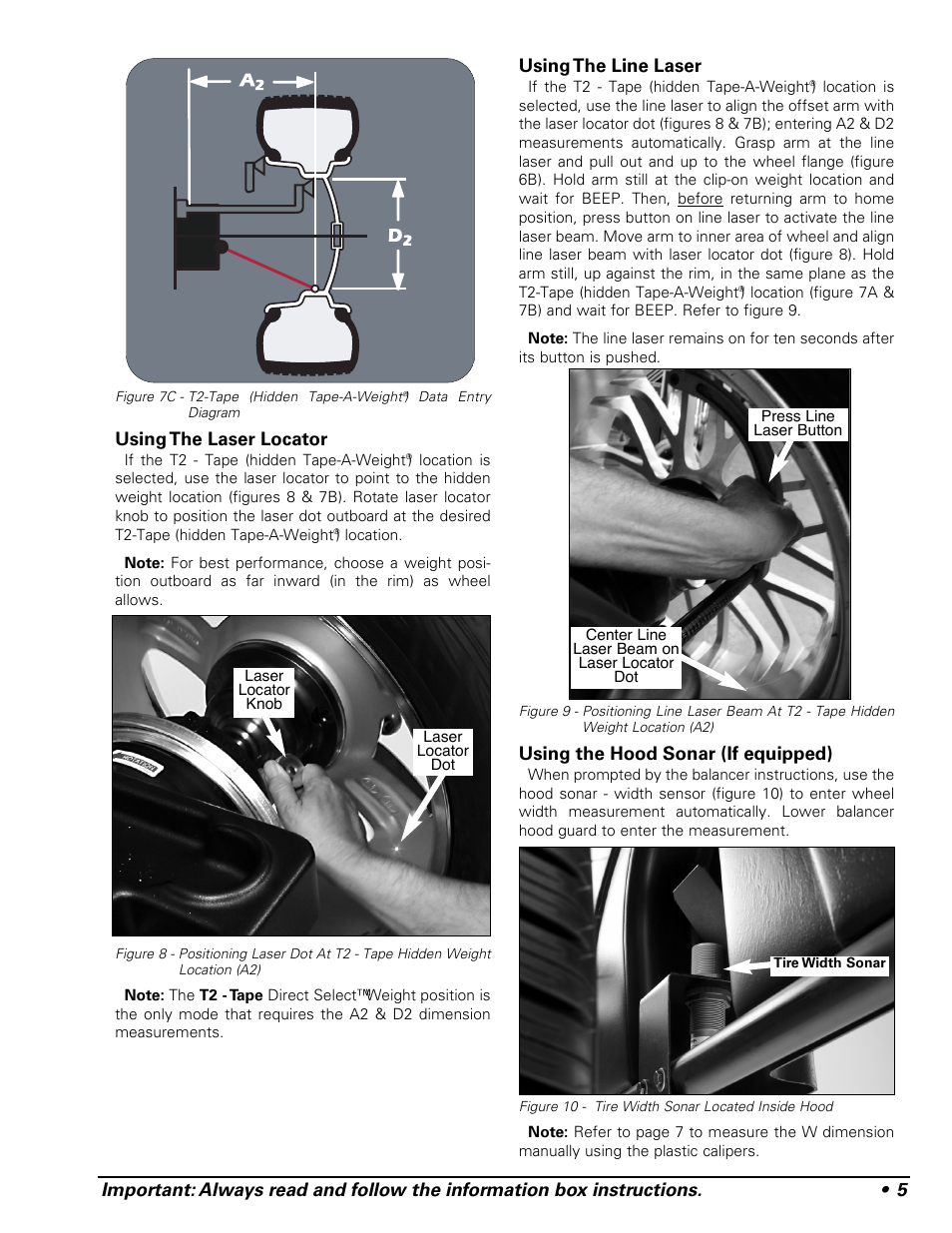 Using the laser locator, Using the line laser, Using the hood sonar (if equipped) | COATS 1250 Series Balancer User Manual | Page 11 / 28