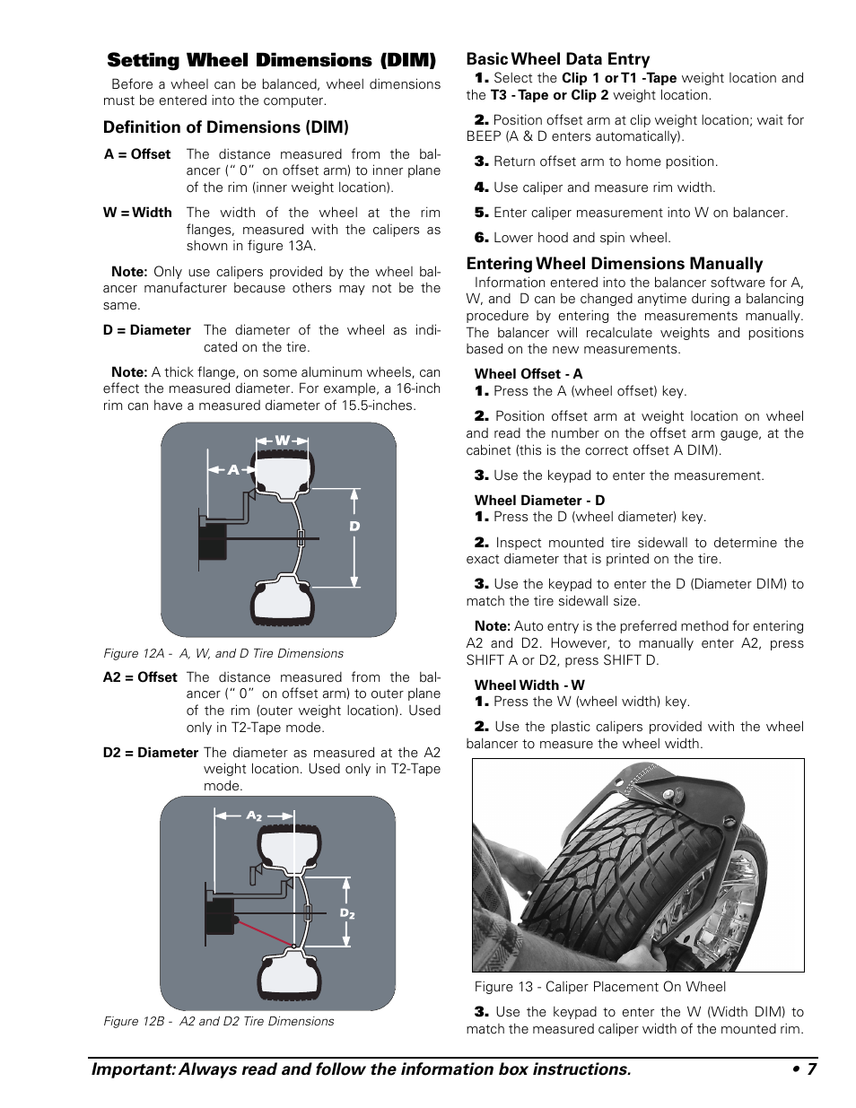 Setting wheel dimensions (dim) | COATS 1250 Series Balancer User Manual | Page 13 / 28