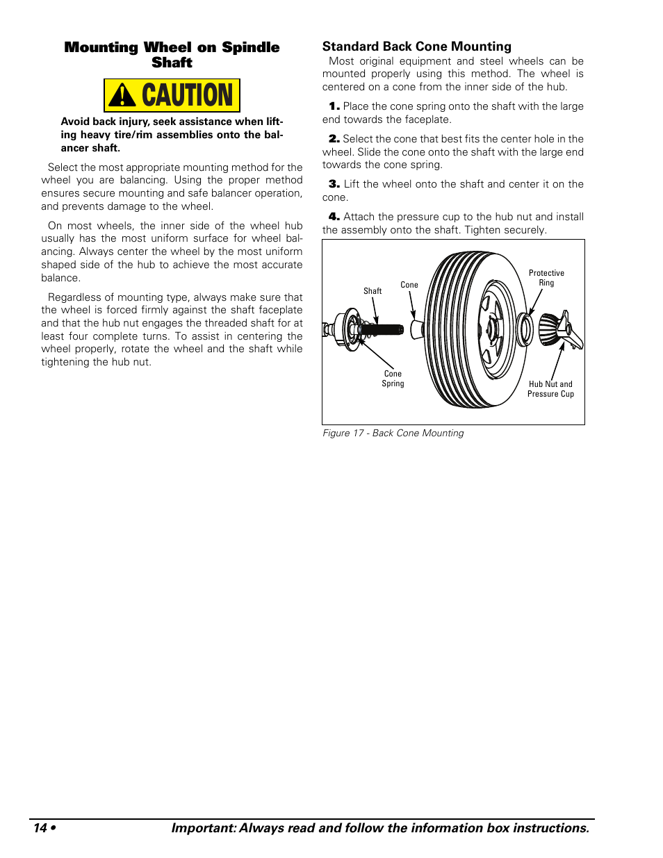 Caution, Mounting wheel on spindle shaft | COATS 1250 Series Balancer User Manual | Page 20 / 28