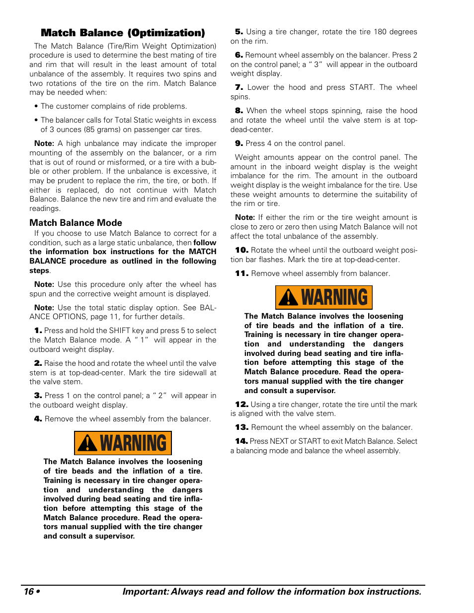 Warning, Match balance (optimization) | COATS 1250 Series Balancer User Manual | Page 22 / 28