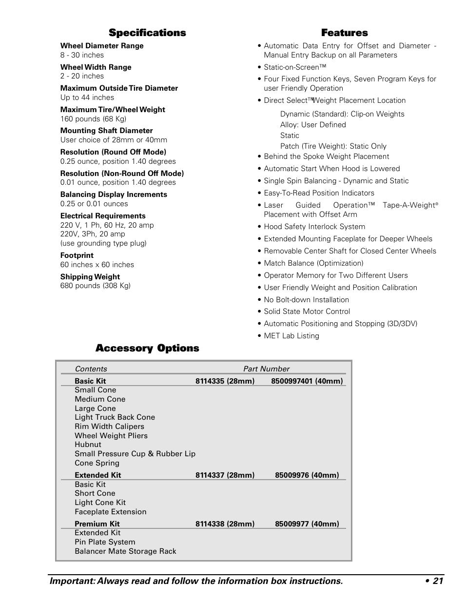 Specifications, Accessory options features | COATS 1250 Series Balancer User Manual | Page 27 / 28