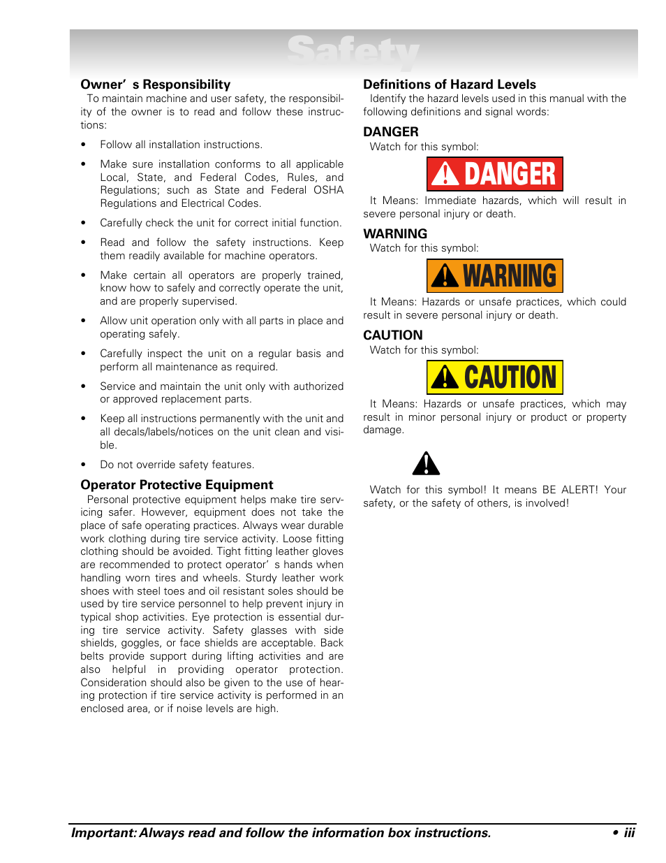 Safety, Caution warning danger | COATS 1250 Series Balancer User Manual | Page 3 / 28