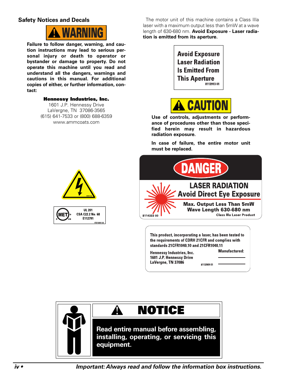 Caution warning, Notice | COATS 1250 Series Balancer User Manual | Page 4 / 28