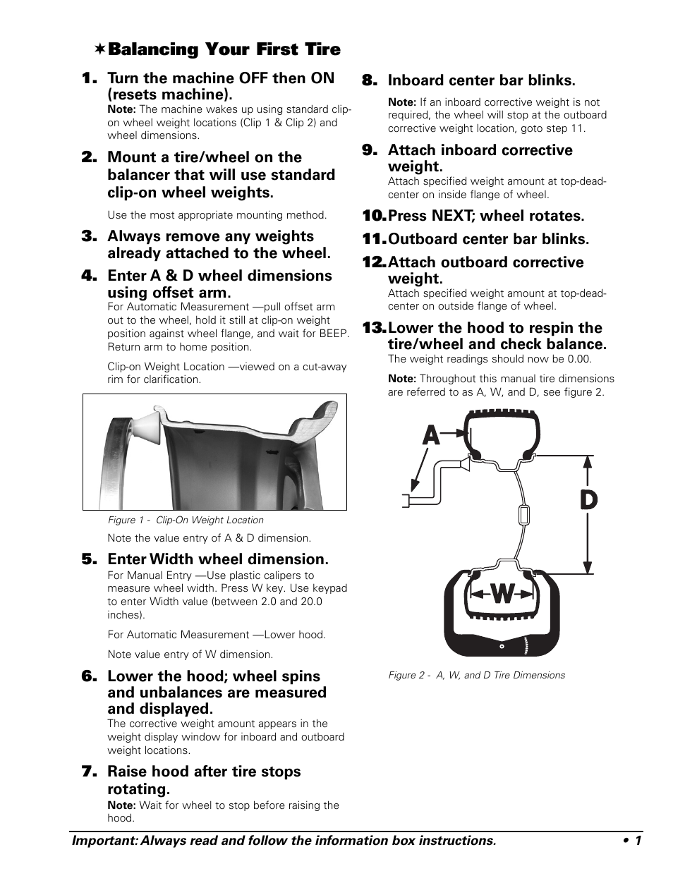 Balancing your first tire | COATS 1250 Series Balancer User Manual | Page 7 / 28