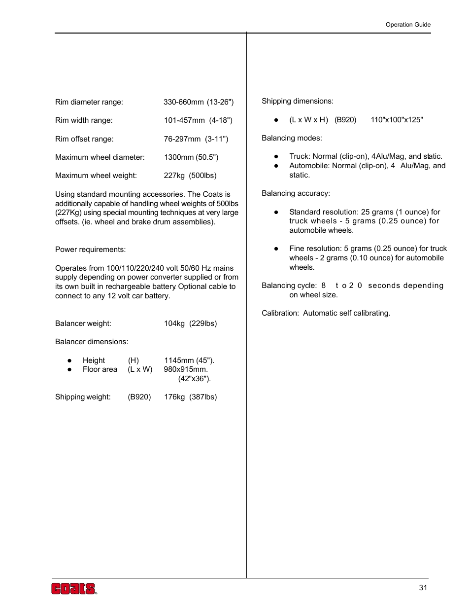 Technical specifications | COATS 6200HS Truck Wheel Balancer User Manual | Page 37 / 40